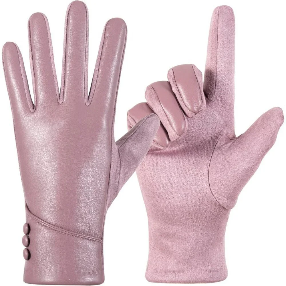 Women's Winter Leather Gloves Touch Screen Wool Lined Warm Suede Light Purple